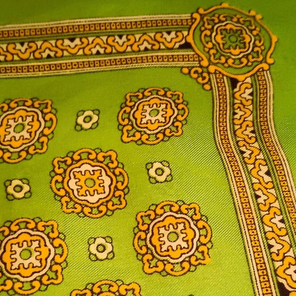 Women's Green Medallion Square Scarf 23” Vintage Green with Golden Pattern